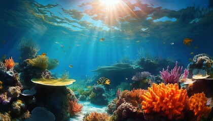Obraz premium serene underwater scene showcasing vibrant coral reefs and marine life illuminated by soft sunlight filtering through water