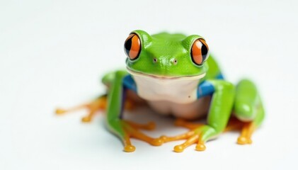 Obraz premium Green tree frog perched on white, vibrant skin, background, fauna