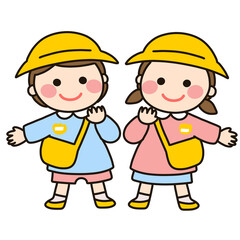 노란 모자 쓴 유치원생 남녀 아이 일러스트