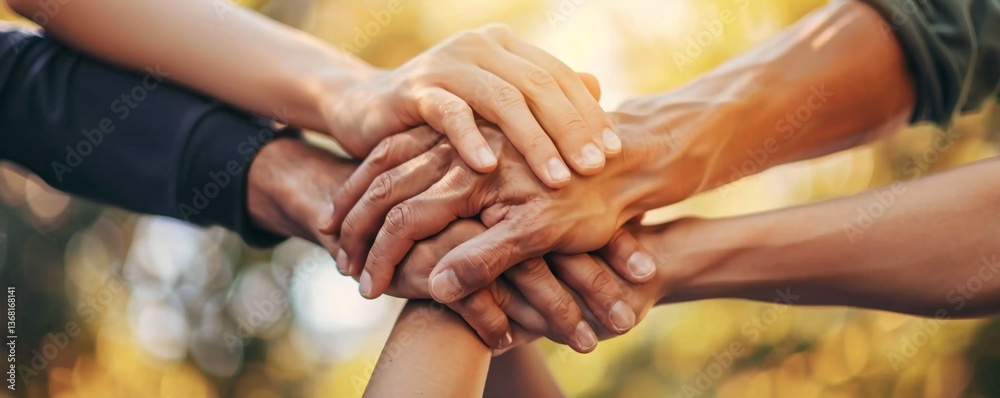 Poster image of a diverse group of people coming together, joining hands in a symbol of unity and teamwork