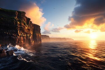 Majestic sunset over cliffs of moher ireland famous landmarks photography ocean landscape dramatic viewpoint serene atmosphere