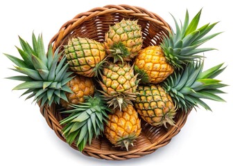 A wicker basket overflowing with seven ripe pineapples surrounded by lush green leaves