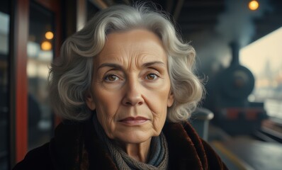 Elderly woman at train station