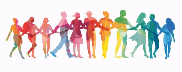 Diverse group of people are holding hands and walking together in a show of unity and teamwork