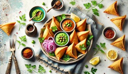 Traditional Indian Samosa with Chutney, Spices, Onion, and Lemon – Savory Fried Snack Flat Lay with Crispy Pastry, Green and Red Sauce, and Fresh Garnish on Rustic Background- 18