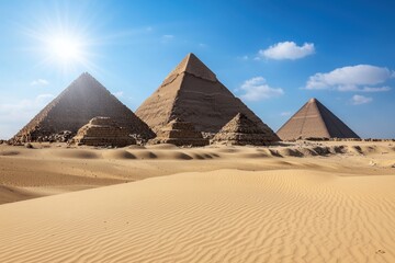 Exploring the golden pyramids of giza under a bright blue sky a captivating journey through famous landmarks in egypt's desert landscape