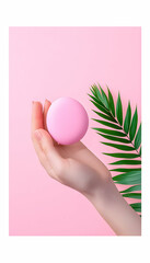 Obraz premium Pink cosmetic product held in a hand against a pink background with palm leaf