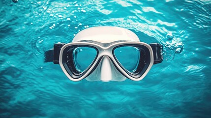 Fototapeta premium Scuba goggles with a sleek silicone strap on an ocean-inspired turquoise backdrop.