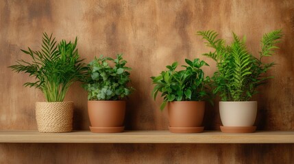 Obraz premium An aesthetic arrangement of vibrant potted plants against a rustic earthy backdrop, showcasing the beauty of indoor gardening and nature's touch in home decor.