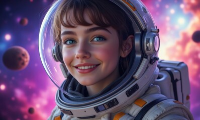 Smiling female astronaut in space
