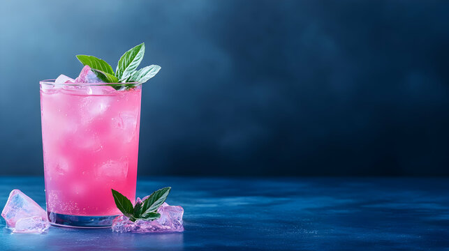 Pink iced beverage with mint garnish on blue background