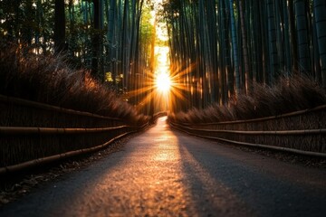 Obraz premium Exploring the enchanting arashiyama bamboo grove kyoto japan a stunning display of famous landmarks bathed in sunlight and nature's tranquility