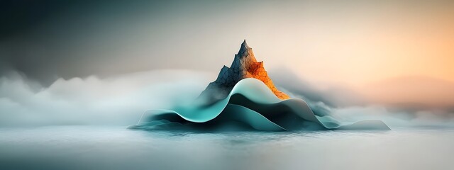 Ethereal pulsing bioluminescent digital waves surging across a minimalist low poly landscape in shades of black white and cool blue tones