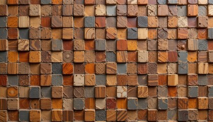 Intricate Mosaic Tiles Design a vibrant mosaic of exaggerated, textured tiles, blending various wood grains with artistic patterns and rich colors for a playful