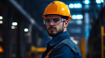 Portrait of a male worker wearing a hard hat and safety glasses in an industrial setting looking serious
