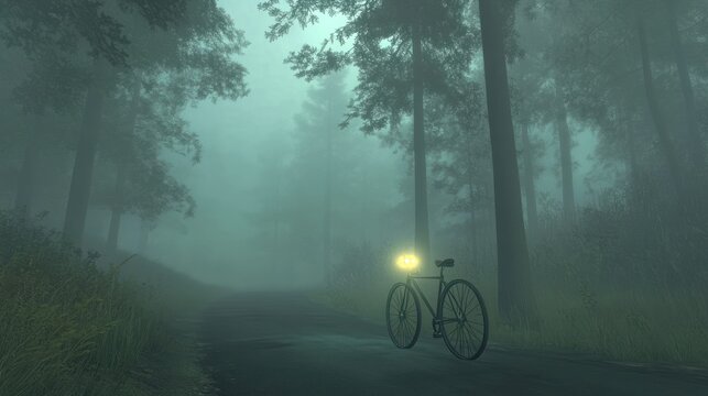 Eerie bike ride. Bicycle parked on misty forest road with glowing headlight