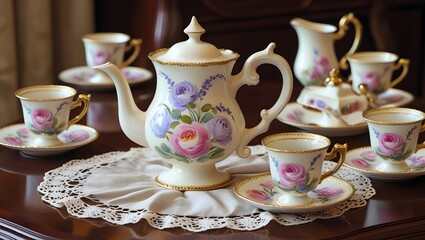 Intricate Rose-Themed Porcelain Tea Set for Elegant Dining
