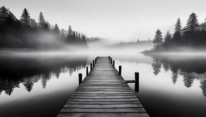 serene black and white landscape of a misty forest lake with a wooden dock tranquil monochrome nature scene with reflections and fog