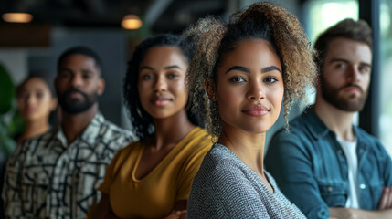 Fototapeta premium A diverse group of people standing together smiling in an office setting with plants in the background