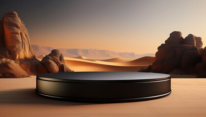 a sleek black circular platform in a surreal desert landscape surrounded by rugged rock formations and smooth sand dunes