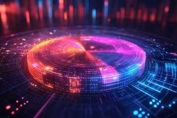 An abstract pie chart showcasing business market share distribution with glowing segments and a digital matrix background