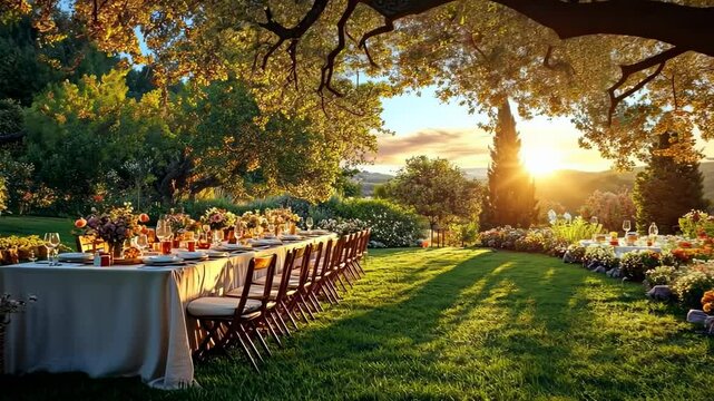 Outdoor garden dinner table under tree at sunset