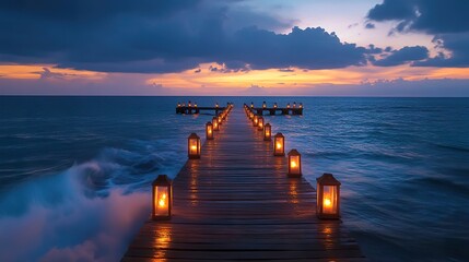 Mystical Lanterns Illuminate Coastal Pier at Twilight Serenity Scene along Ocean