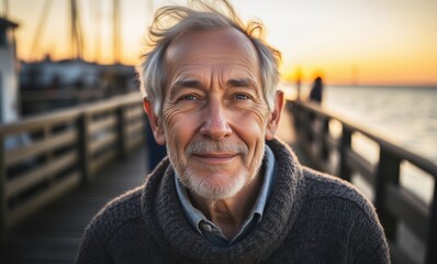 Smiling elderly man at sunset