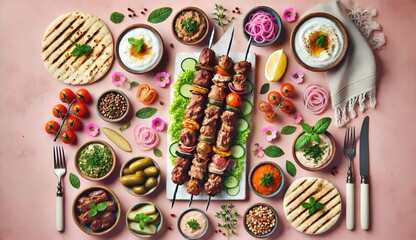 Middle Eastern Kebab Skewers with Dips, Pickles, and Flatbread – Colorful Flat Lay on Pink Background