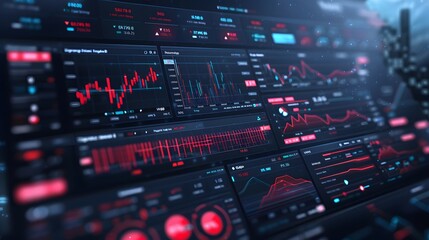 A dark-themed futuristic trading interface with glowing red and green candlesticks, algorithmic trade signals flashing, and a sleek black-and-blue cyberpunk-style trading environment.