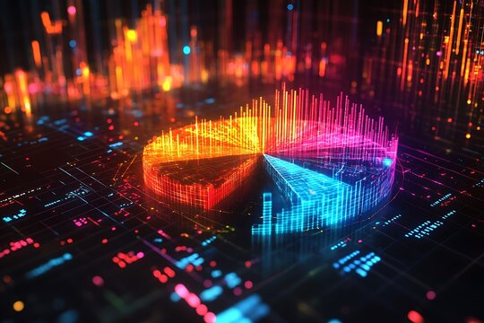 An abstract pie chart showcasing business market share distribution with glowing segments and a digital matrix background