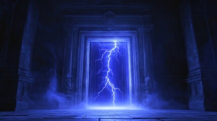 Naklejka premium Blue lightning crackles in a stone doorway, ancient dungeon with spooky atmosphere.