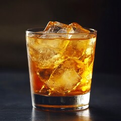 Whiskey Drink with Ice Cubes in a Glass on Dark Background