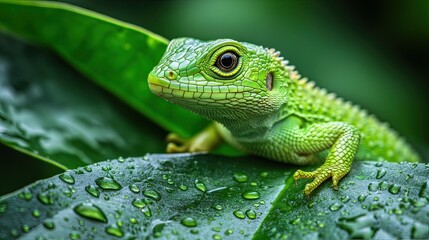 Fototapeta premium Green Lizard Resting on Leaf with Water Droplets, A Captivating Wildlife Scene in Nature 