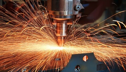 a piece of machinery is cutting through metal creating sparks and debris
