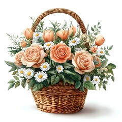 Obraz premium A beautiful springtime floral arrangement featuring pastel roses tulips and daisies in a rustic wicker basket creating a charming Easter centerpiece