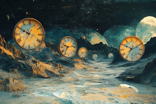 An abstract representation of the concept of time, with clocks melting into landscapes and flowing across different terrains, symbolizing the fluidity and impermanence of time