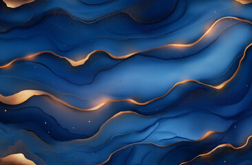 Obraz premium Abstract background with navy blue alcohol ink waves, silver glitter, and golden elements in modern art style