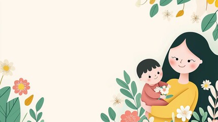Mother day treasure devotion. A cheerful illustration of a mother holding a child surrounded by colorful flowers and leaves, conveying warmth and affection in a light background.