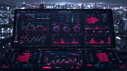 A dark-themed futuristic trading interface with glowing red and green candlesticks, algorithmic trade signals flashing, and a sleek black-and-blue cyberpunk-style trading environment.