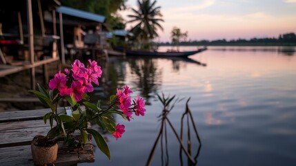Serene riverside sunset with flowers a tranquil reflection in nature's peaceful environment