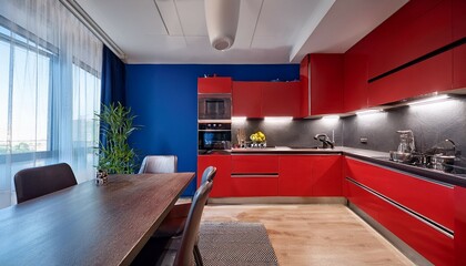 modern red kitchen interior with furniture kitchen interior with blue walls