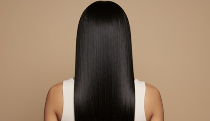 Obraz premium Female model with long black hair in studio setting. Focus on beauty, hair care, elegance, modern lifestyle.