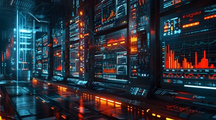 A dark-themed futuristic trading interface with glowing red and green candlesticks, algorithmic trade signals flashing, and a sleek black-and-blue cyberpunk-style trading environment.