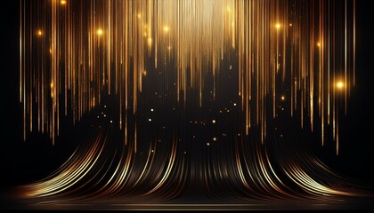 an abstract digital artwork features a cascade of elongated black shapes with golden accents resembling a rain of light against a dark backdrop