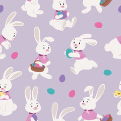 Easter seamless pattern with white bunnies holding egg baskets, chick on purple background. Cute cartoon rabbits. For scrapbooking, print, wrapping paper, textile, fabric. Repeat vector illustration