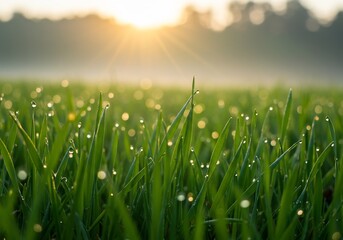 Obraz premium Dew-kissed grass glows softly in sunrise light. AI Generated