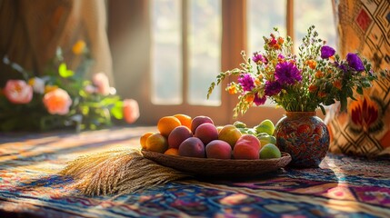 Haft-Seen table with sprouted wheat, fresh fruit, and traditional decor, symbolizing renewal and celebration of Nowruz.