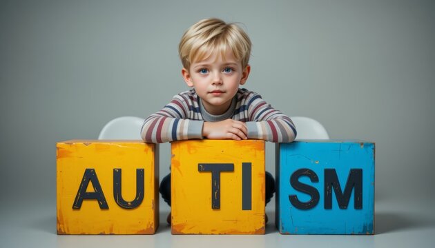 A young boy sits with toy blocks spelling "AUTISM," promoting awareness and understanding of autism spectrum disorders.