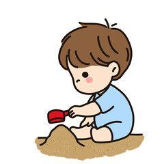 모래 위에 앉아 모래놀이를 하는 남자아이 일러스트